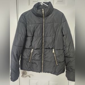 Women's Simply Styled Black Puff Coat with Gold Zippers Size Medium